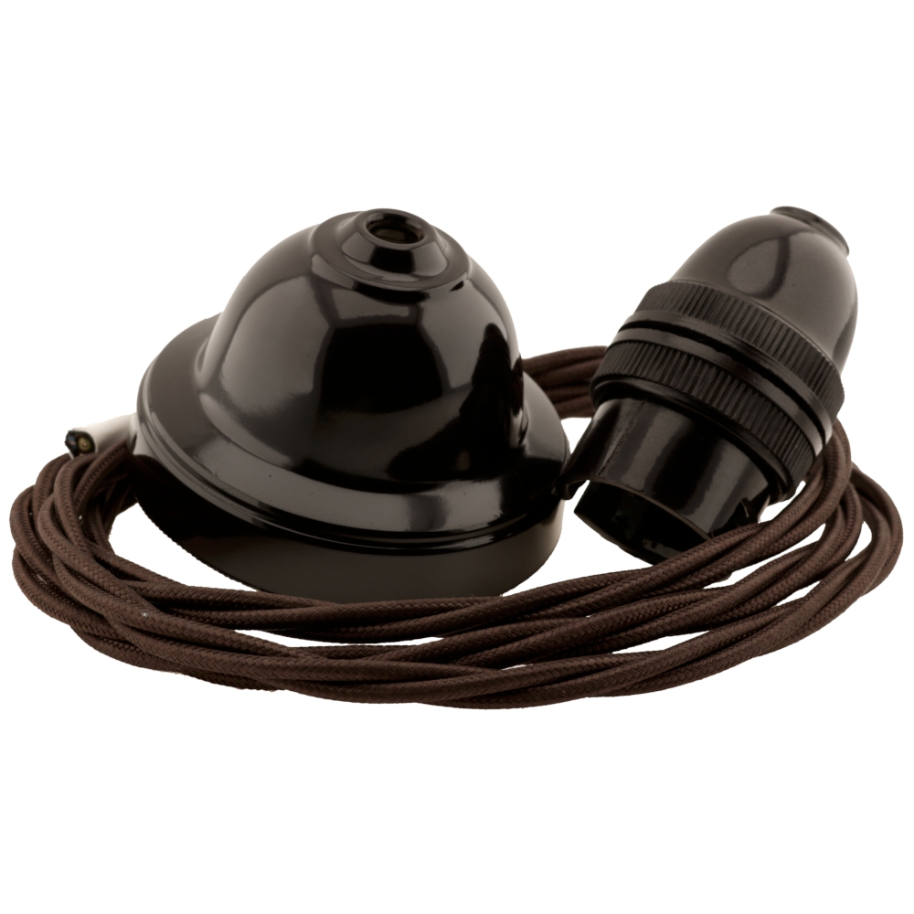 Vintage Reproduction Ceiling Pendant Kit Incl. Rose Cup And Bulb Holder In Brown Bakelite With Three Core Braided Twisted Flex In Mocha Brown(PK-1BRN-BRN-BR00BRN) by www.art-deco-emporium.co.uk