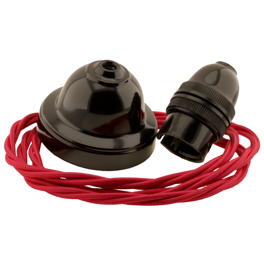 Vintage Reproduction Ceiling Pendant Kit Incl. Rose Cup And Bulb Holder In Brown Bakelite With Three Core Braided Twisted Flex In Bright Red(PK-1BRN-POP-BR00BRN) by www.art-deco-emporium.co.uk