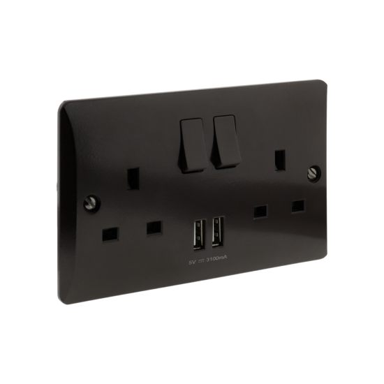 13 Amp 2 Gang Socket with Dual USB 3.1A in Brown Bakelite