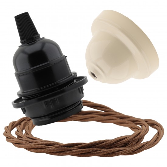 Pendant Kit Bakelite Ceiling Cup in Applied Ivory Finish with a Black Bakelite Lampholder and Bronze Flex