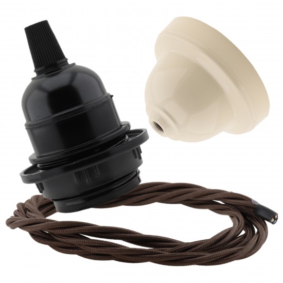 Pendant Kit Bakelite Ceiling Cup in Applied Ivory Finish with a Black Bakelite Lampholder and Mocha Brown Flex