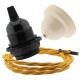 Pendant Kit Bakelite Ceiling Cup in Applied Ivory Finish with a Black Bakelite Lampholder and Gold Flex