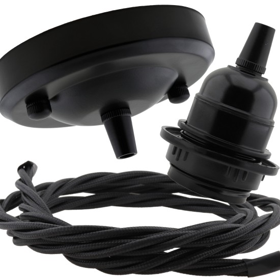 Ceiling Pendant Kit with Large Rose and E27 Lampholder in Matte Black Finish with Black Flex