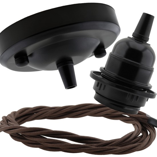 Ceiling Pendant Kit with Large Rose and E27 Lampholder in Matte Black Finish with Bronze Flex