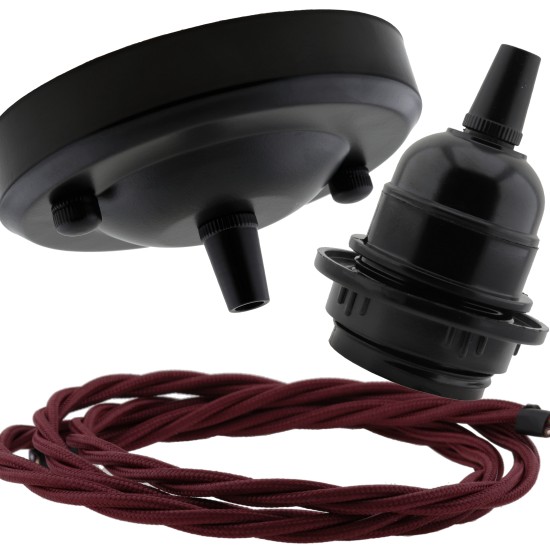 Ceiling Pendant Kit with Large Rose and E27 Lampholder in Matte Black Finish with Classic Ivory Flex