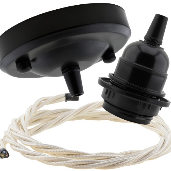 Ceiling Pendant Kit with Large Rose and E27 Lampholder in Matte Black Finish with Green Flex