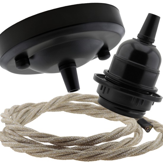 Ceiling Pendant Kit with Large Rose and E27 Lampholder in Matte Black Finish with Linen Effect Flex