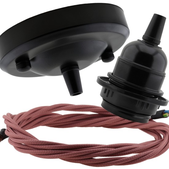 Ceiling Pendant Kit with Large Rose and E27 Lampholder in Matte Black Finish with Mocha Brown Flex