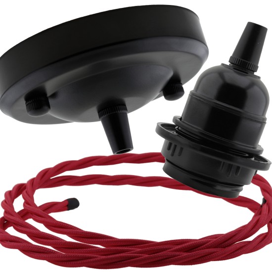 Ceiling Pendant Kit with Large Rose and E27 Lampholder in Matte Black Finish with Rich Burgundy Flex