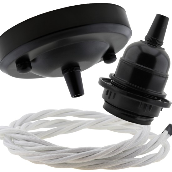 Ceiling Pendant Kit with Large Rose and E27 Lampholder in Matte Black Finish with White Flex